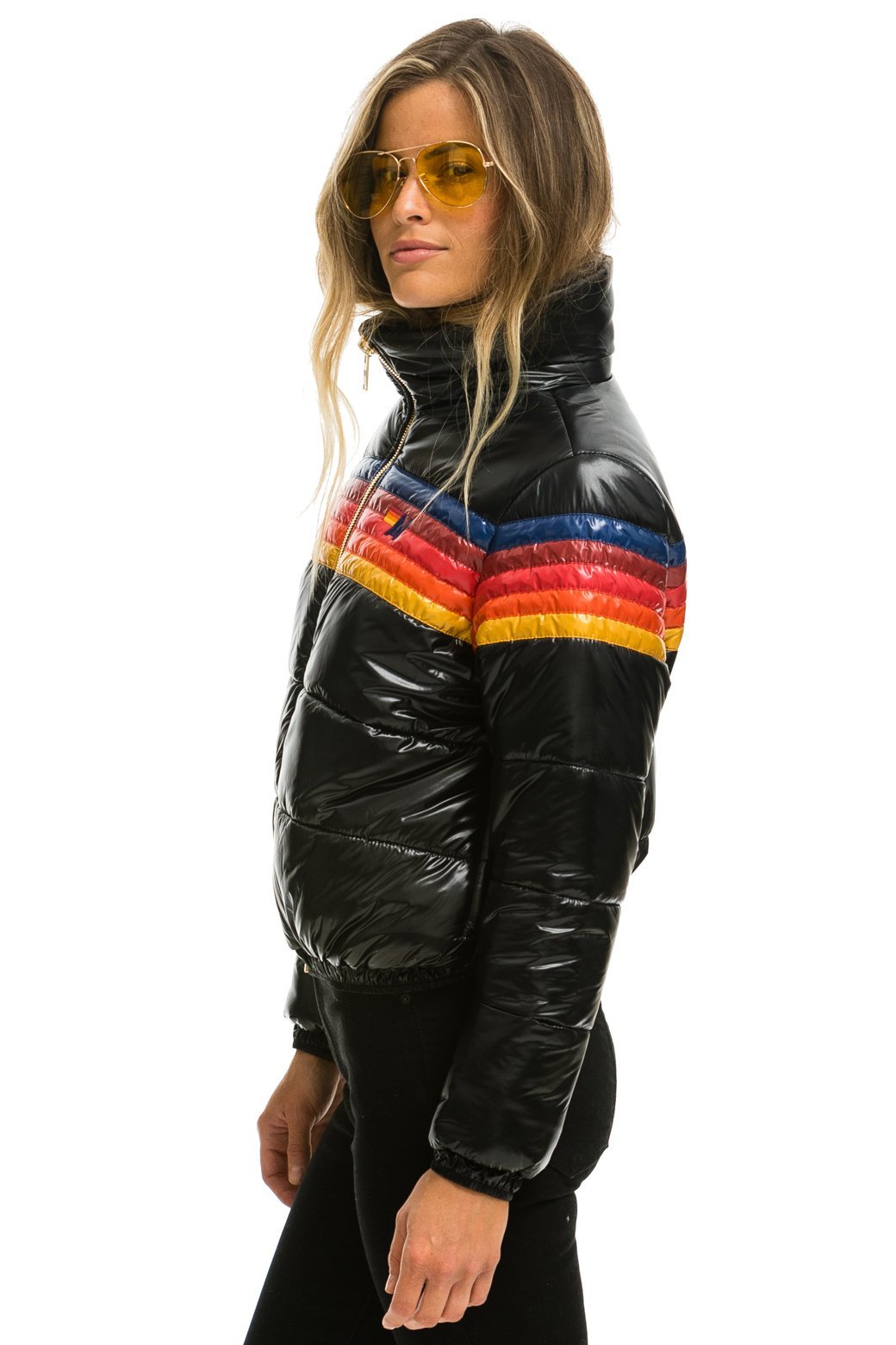 WOMEN&#39;S 5 STRIPE LUXE APRES PUFFER JACKET - GLOSSY BLACK Jacket Aviator Nation 