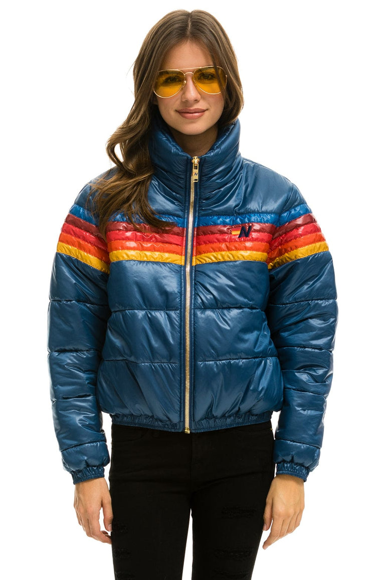 WOMEN'S 5 STRIPE LUXE APRES PUFFER JACKET - GLOSSY DARK BLUE Jacket Aviator Nation 