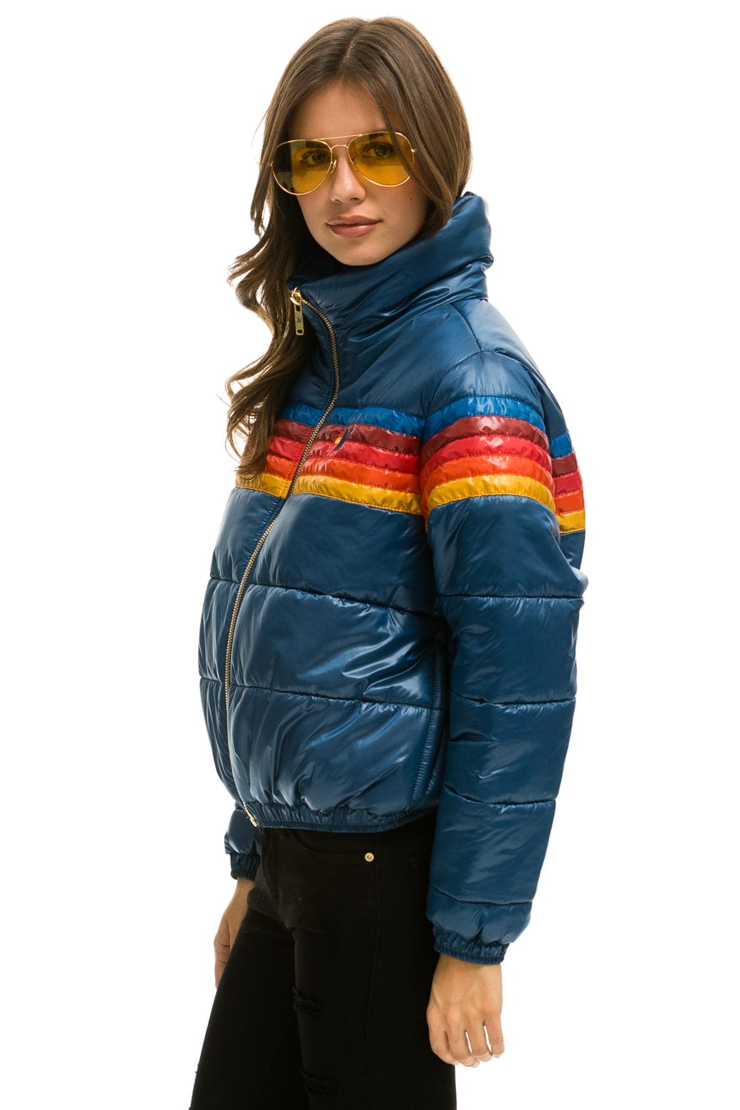 WOMEN'S 5 STRIPE LUXE APRES PUFFER JACKET - GLOSSY DARK BLUE Jacket Aviator Nation 