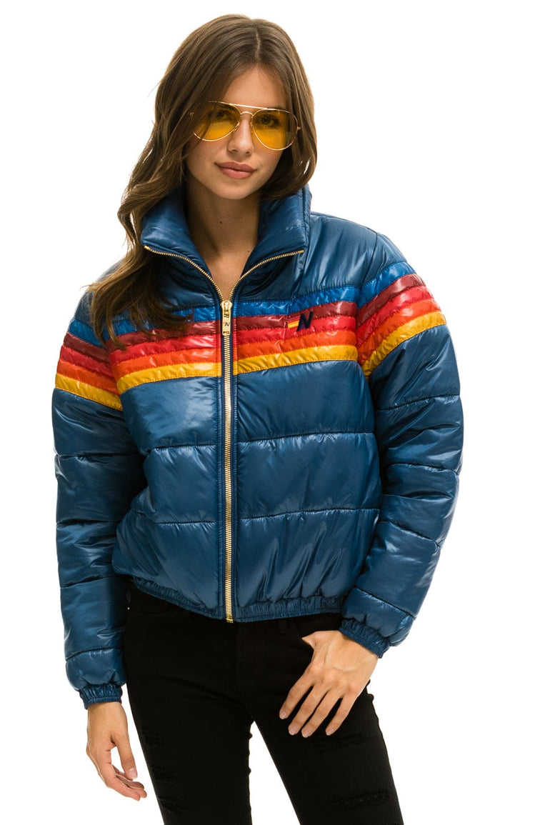 WOMEN'S 5 STRIPE LUXE APRES PUFFER JACKET - GLOSSY DARK BLUE Jacket Aviator Nation
