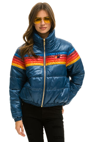 WOMEN'S 5 STRIPE LUXE APRES PUFFER JACKET - GLOSSY DARK BLUE Jacket Aviator Nation 