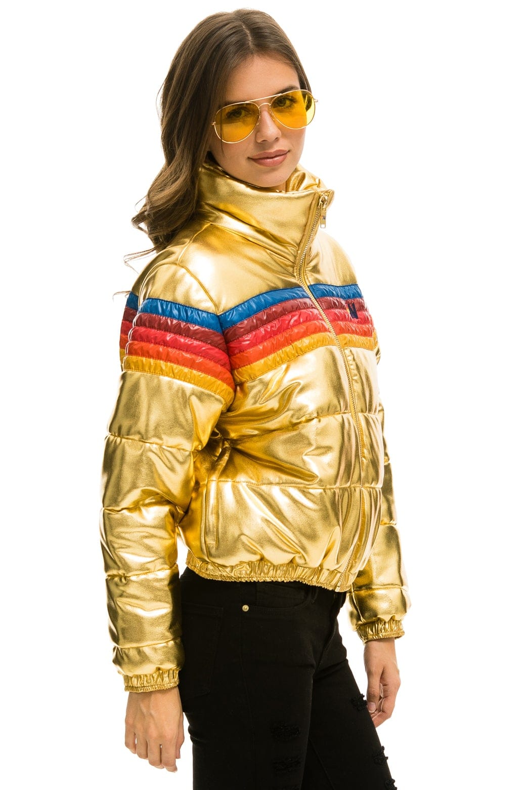 WOMEN'S 5 STRIPE LUXE APRES PUFFER JACKET - GLOSSY GOLD Jacket Aviator Nation 