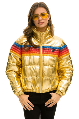WOMEN'S 5 STRIPE LUXE APRES PUFFER JACKET - GLOSSY GOLD Jacket Aviator Nation 