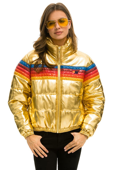 WOMEN'S 5 STRIPE LUXE APRES PUFFER JACKET - GLOSSY GOLD Jacket Aviator Nation 