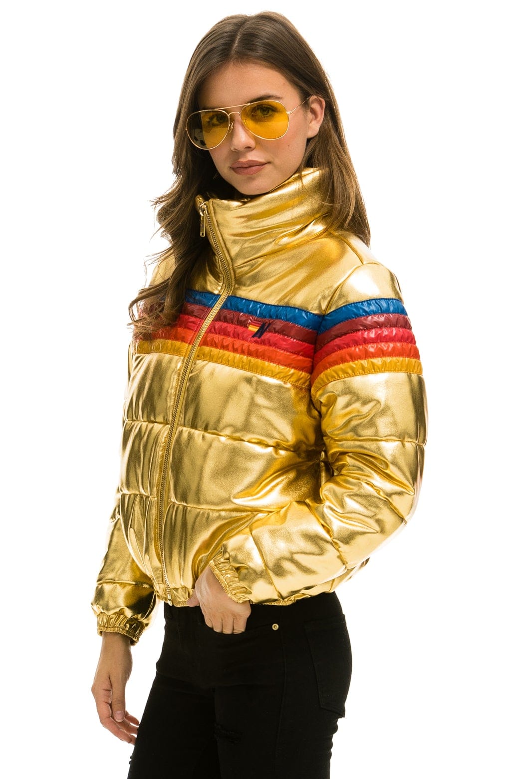 WOMEN'S 5 STRIPE LUXE APRES PUFFER JACKET - GLOSSY GOLD Jacket Aviator Nation 