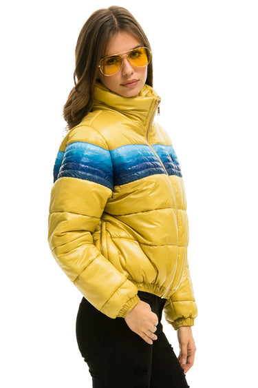 WOMEN'S 5 STRIPE LUXE APRES PUFFER JACKET - GLOSSY KHAHKI Jacket Aviator Nation 