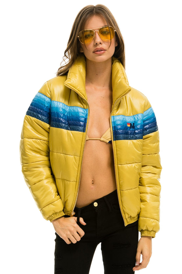 WOMEN'S 5 STRIPE LUXE APRES PUFFER JACKET - GLOSSY KHAHKI Jacket Aviator Nation
