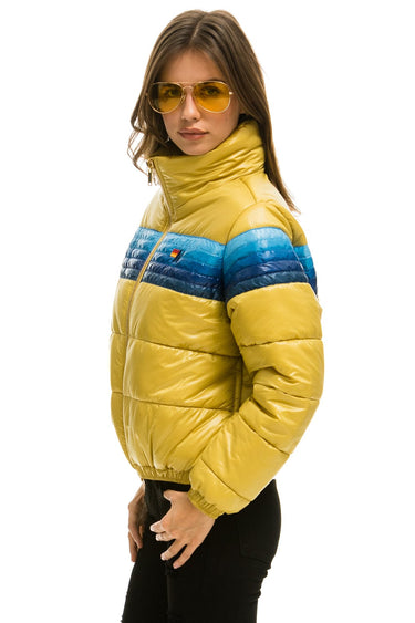 WOMEN'S 5 STRIPE LUXE APRES PUFFER JACKET - GLOSSY KHAHKI Jacket Aviator Nation 
