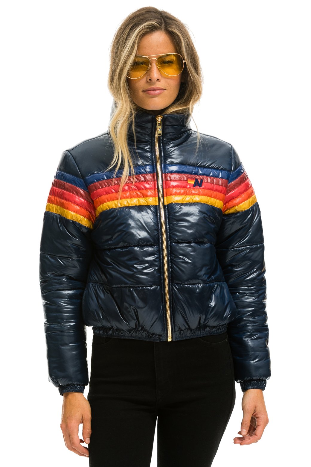 WOMEN&#39;S 5 STRIPE LUXE APRES PUFFER JACKET - GLOSSY NAVY Jacket Aviator Nation 