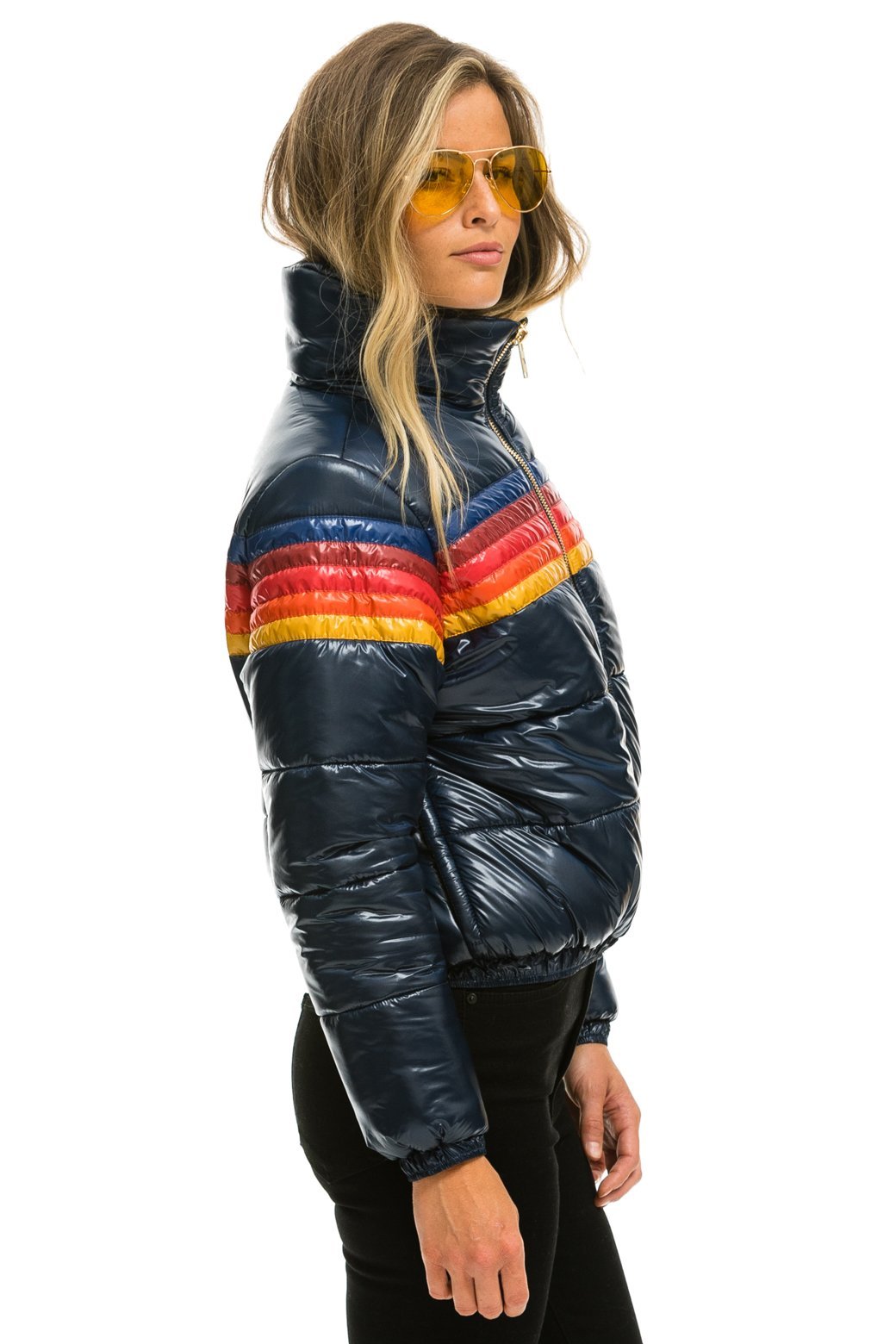 WOMEN&#39;S 5 STRIPE LUXE APRES PUFFER JACKET - GLOSSY NAVY Jacket Aviator Nation 