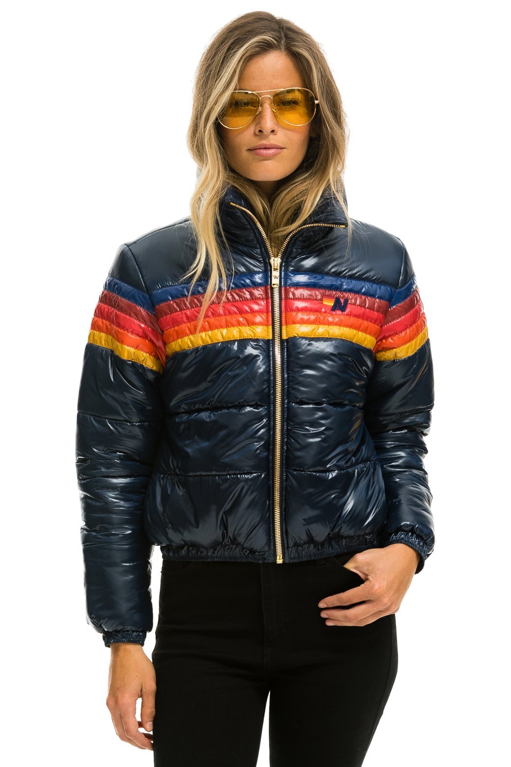 5 STRIPE LUXE APRES PUFFER JACKET - GLOSSY NAVY - Aviator Nation