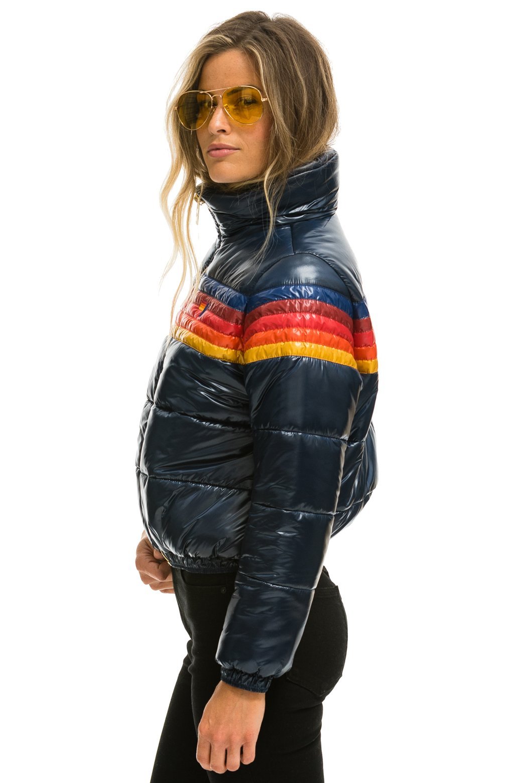 5 STRIPE LUXE APRES PUFFER JACKET - GLOSSY BLACK // BLUE STRIPES - Aviator  Nation