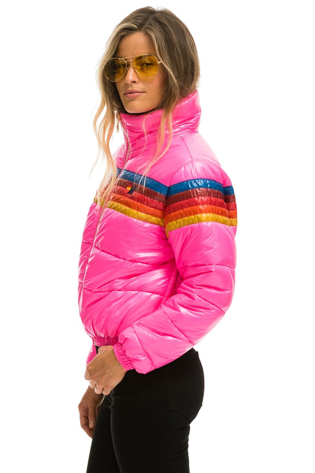 5 STRIPE LUXE APRES PUFFER JACKET - GLOSSY NEON PINK - Aviator Nation