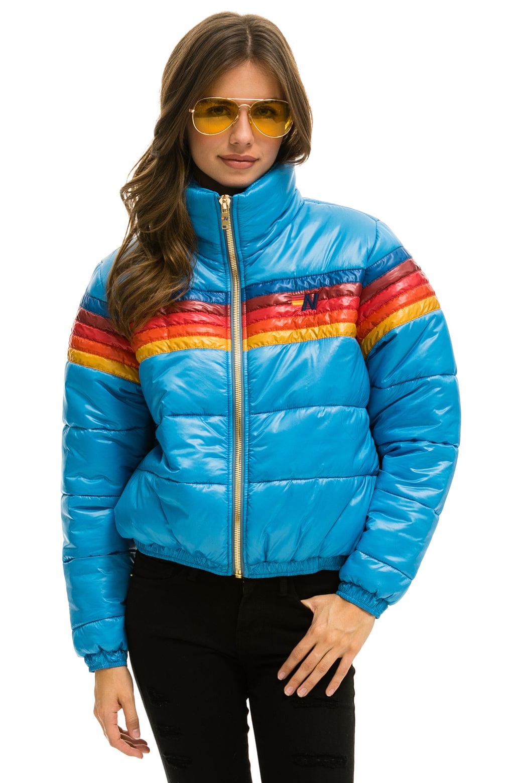 WOMEN'S 5 STRIPE LUXE APRES PUFFER JACKET - GLOSSY OCEAN Jacket Aviator Nation 