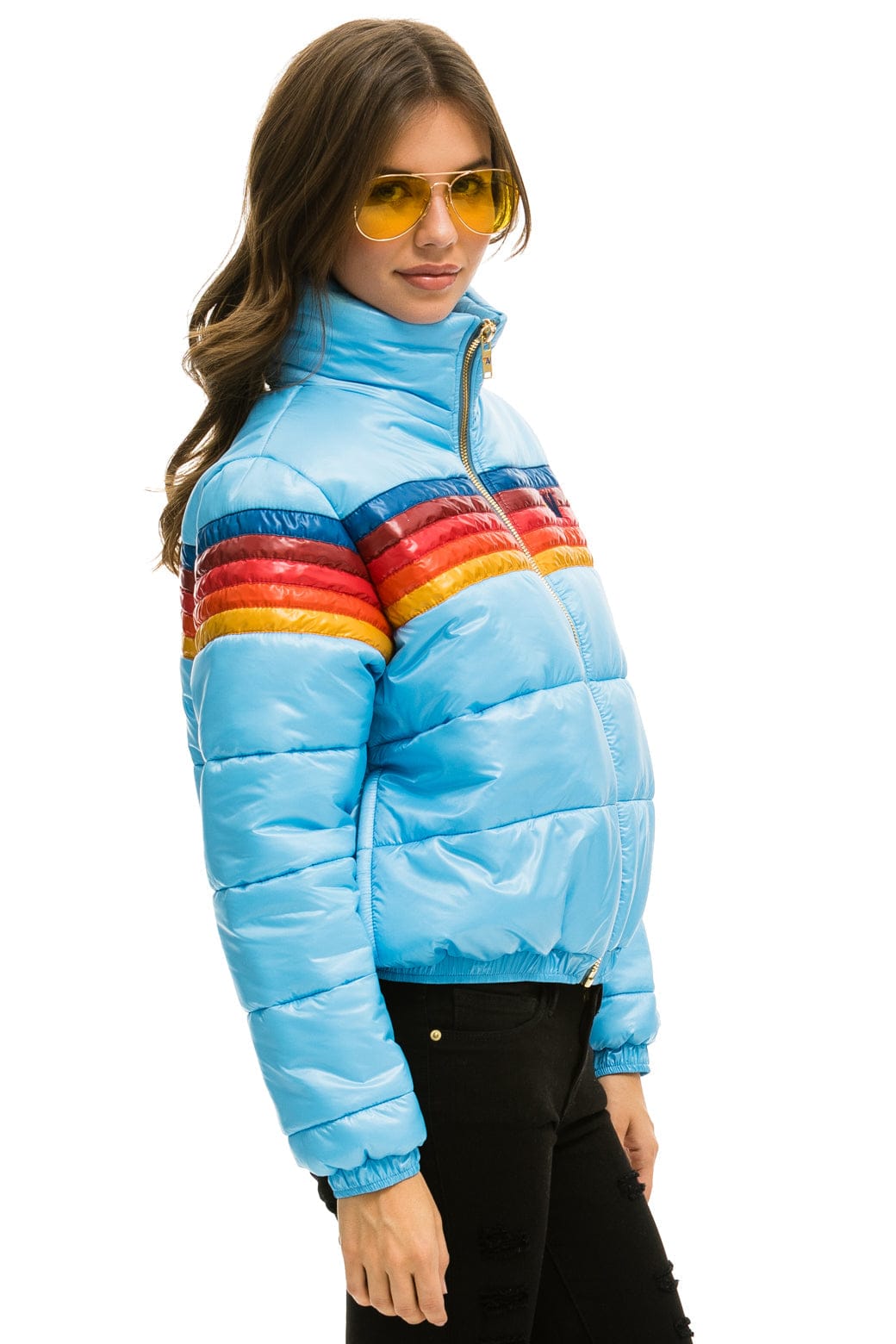 WOMEN'S 5 STRIPE LUXE APRES PUFFER JACKET - GLOSSY SKY Jacket Aviator Nation 