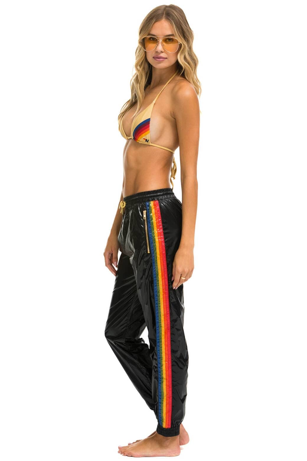 WOMEN'S 5 STRIPE WIND PANT - BLACK GLOSSY Women's Sweatpants Aviator Nation 