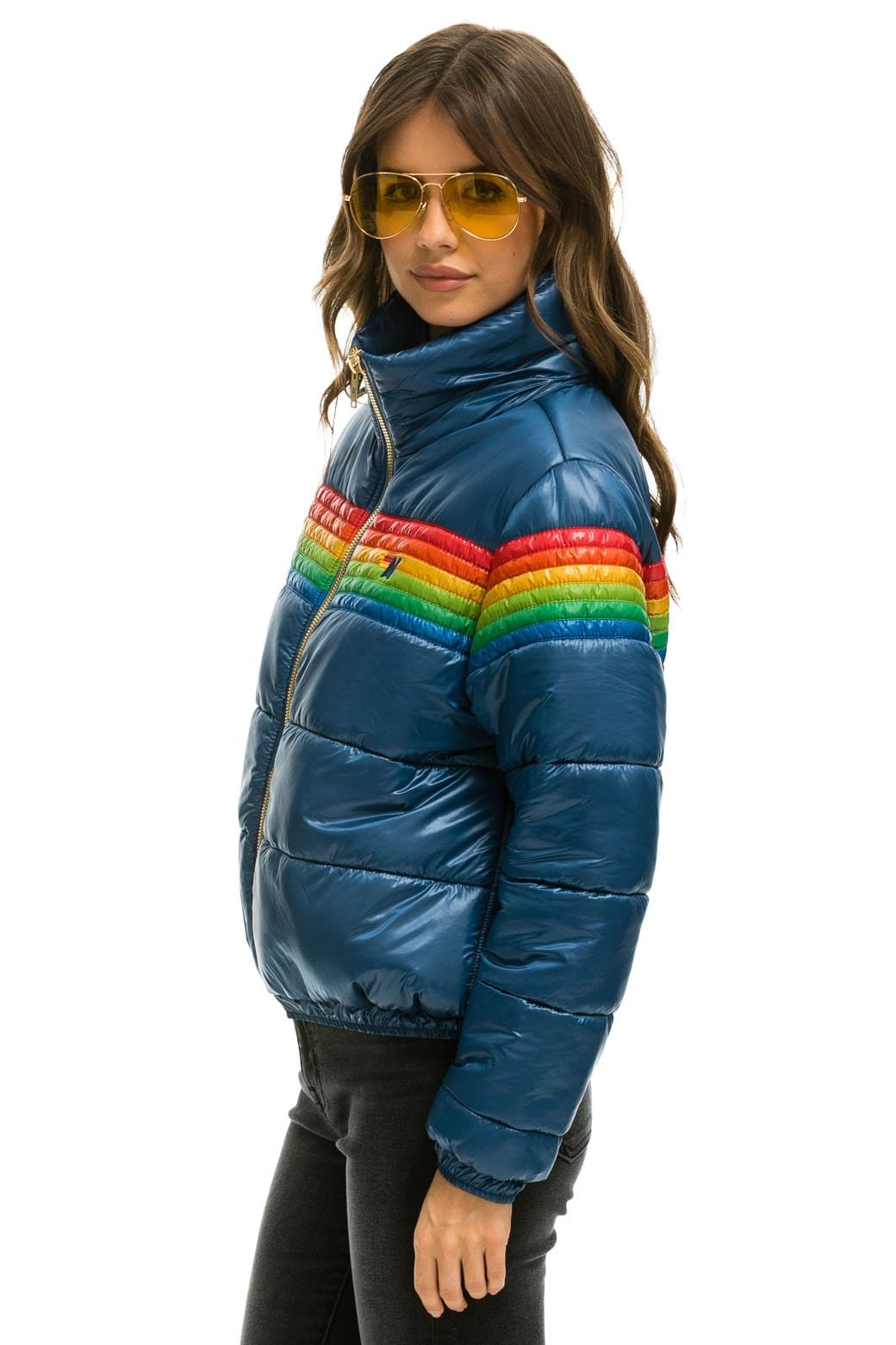 WOMEN'S 6 STRIPE LUXE APRES PUFFER JACKET - GLOSSY BLACK Jacket Aviator Nation 