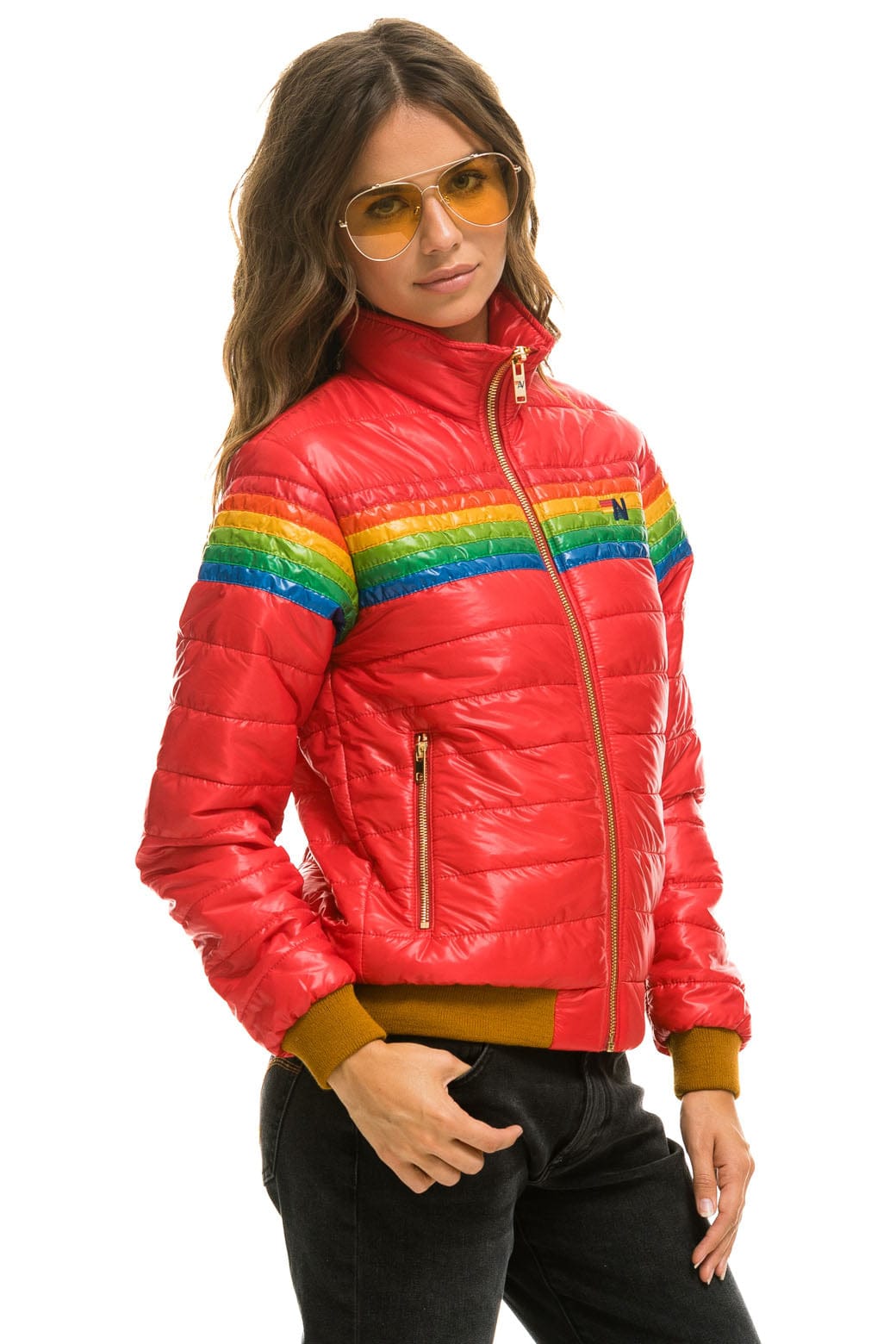 WOMEN'S 6 STRIPE RAINBOW SLEEVE JACKET - GLOSSY CHERRY Jacket Aviator Nation 