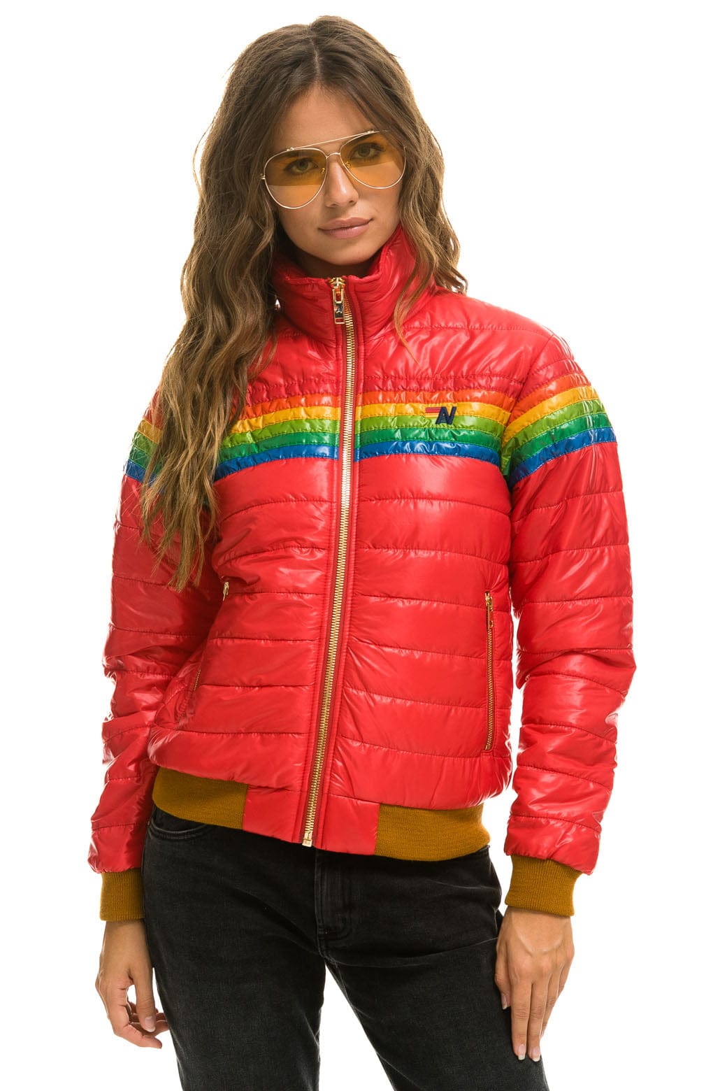 WOMEN'S 6 STRIPE RAINBOW SLEEVE JACKET - GLOSSY CHERRY Jacket Aviator Nation 
