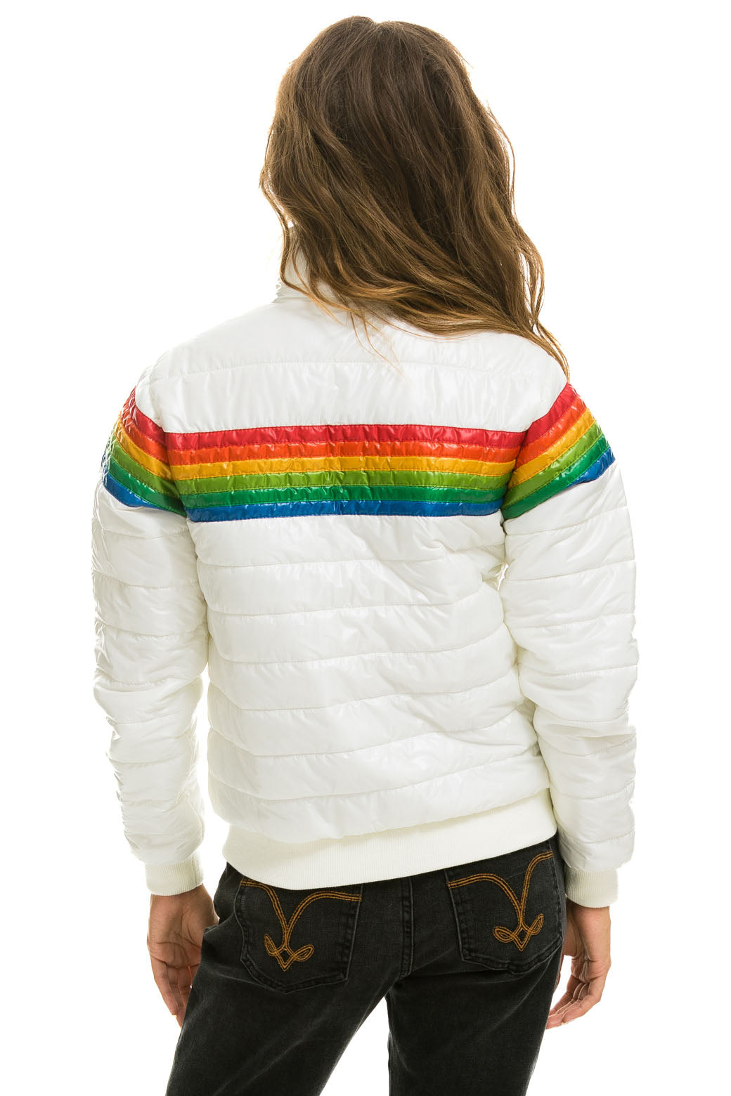 WOMEN&#39;S 6 STRIPE RAINBOW SLEEVE JACKET - GLOSSY WHITE Jacket Aviator Nation 