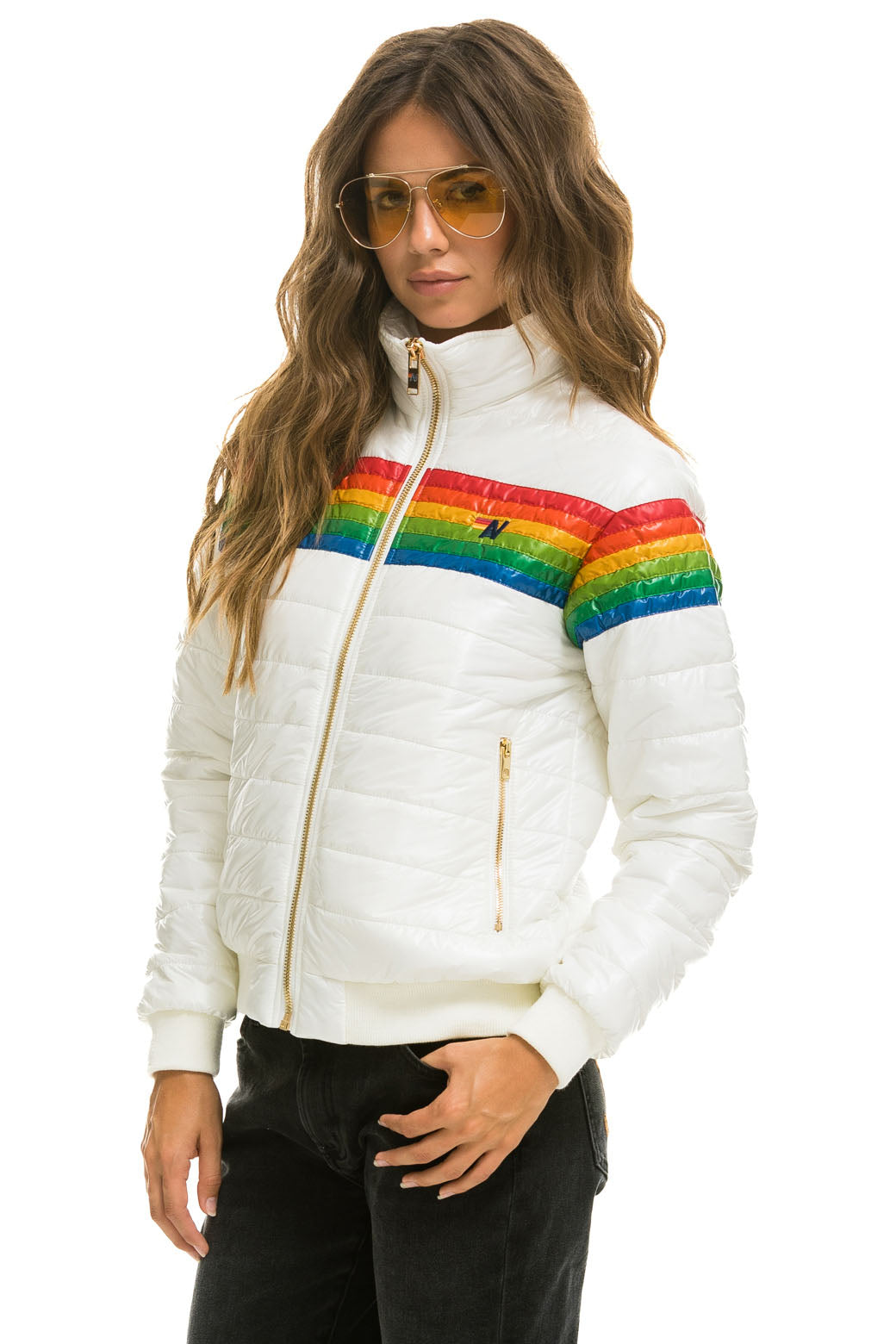 WOMEN&#39;S 6 STRIPE RAINBOW SLEEVE JACKET - GLOSSY WHITE Jacket Aviator Nation 