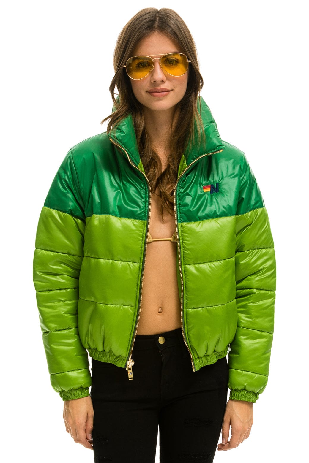 WOMEN'S COLOR BLOCK HALF AND HALF APRES PUFFER JACKET - AMAZON GLOSSY Jacket Aviator Nation 