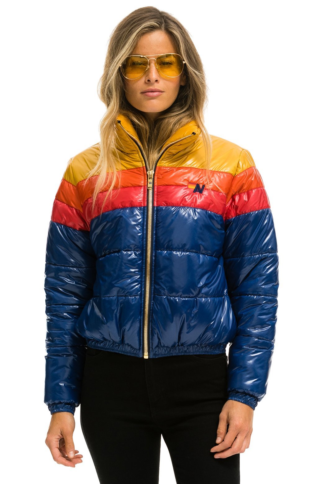 WOMEN&#39;S COLOR BLOCK LUXE APRES PUFFER JACKET - GLOSSY BLUE Jacket Aviator Nation 