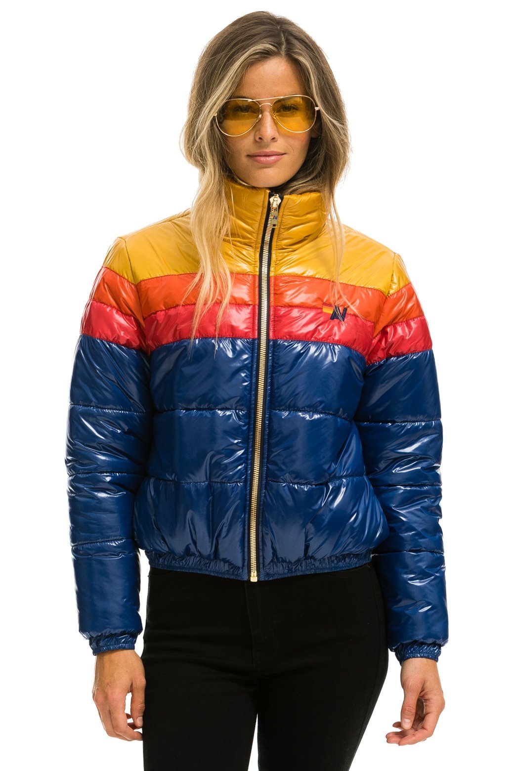 WOMEN&#39;S COLOR BLOCK LUXE APRES PUFFER JACKET - GLOSSY BLUE Jacket Aviator Nation 