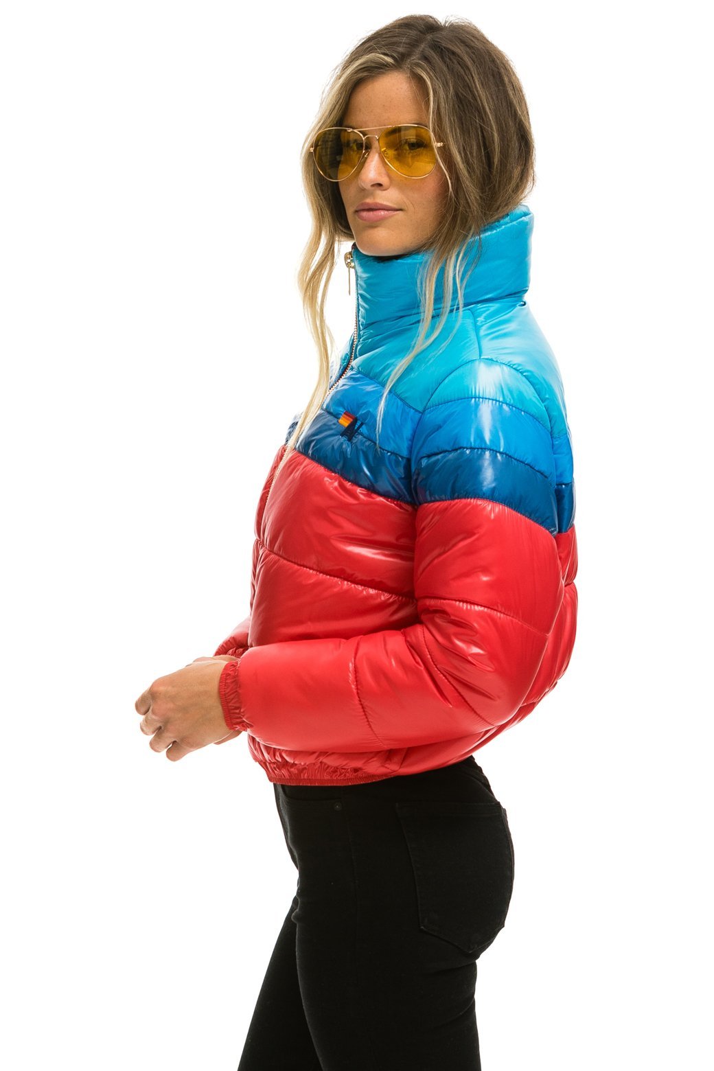 WOMEN&#39;S COLOR BLOCK LUXE APRES PUFFER JACKET - GLOSSY CHERRY Jacket Aviator Nation 