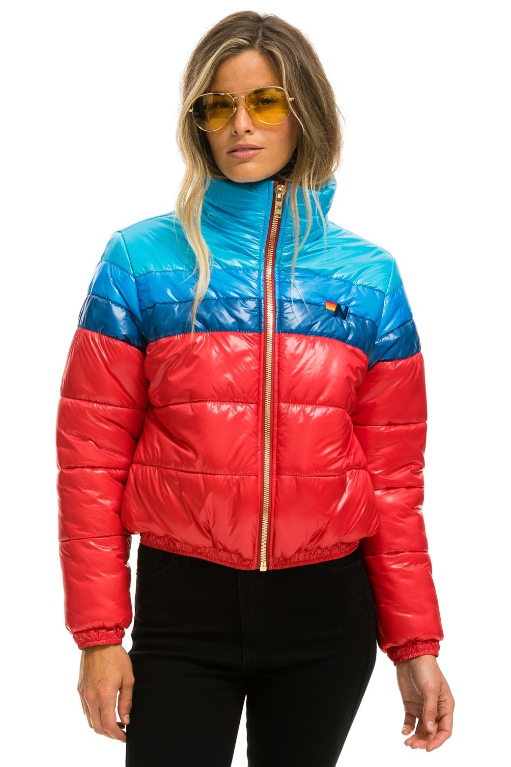 WOMEN&#39;S COLOR BLOCK LUXE APRES PUFFER JACKET - GLOSSY CHERRY Jacket Aviator Nation 