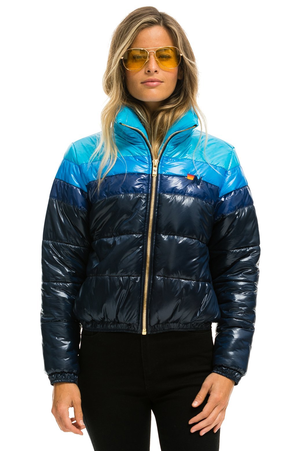WOMEN&#39;S COLOR BLOCK LUXE APRES PUFFER JACKET - GLOSSY NAVY Jacket Aviator Nation 