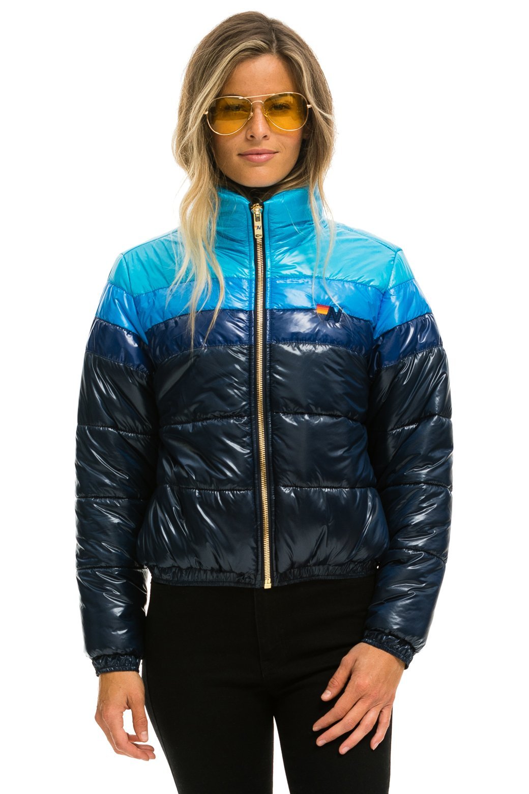 WOMEN&#39;S COLOR BLOCK LUXE APRES PUFFER JACKET - GLOSSY NAVY Jacket Aviator Nation 