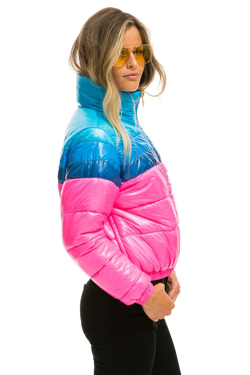WOMEN&#39;S COLOR BLOCK LUXE APRES PUFFER JACKET - GLOSSY NEON PINK Jacket Aviator Nation 