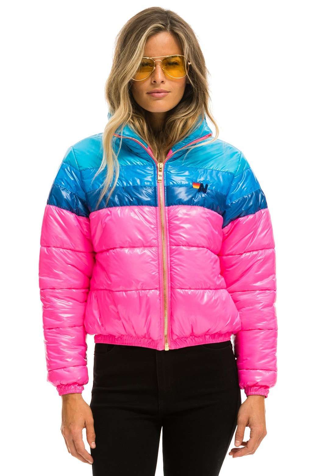 WOMEN'S COLOR BLOCK LUXE APRES PUFFER JACKET - GLOSSY NEON PINK Jacket Aviator Nation 