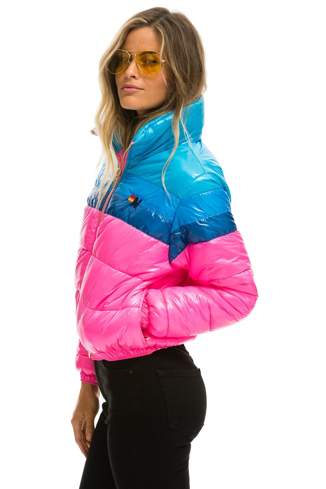 WOMEN'S COLOR BLOCK LUXE APRES PUFFER JACKET - GLOSSY NEON PINK Jacket Aviator Nation 