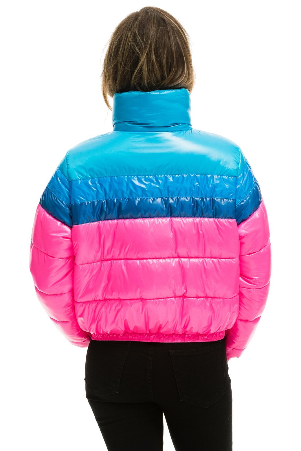 WOMEN&#39;S COLOR BLOCK LUXE APRES PUFFER JACKET - GLOSSY NEON PINK Jacket Aviator Nation 