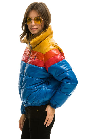 WOMEN'S COLOR BLOCK LUXE APRES PUFFER JACKET - GLOSSY SNORKEL BLUE Jacket Aviator Nation 