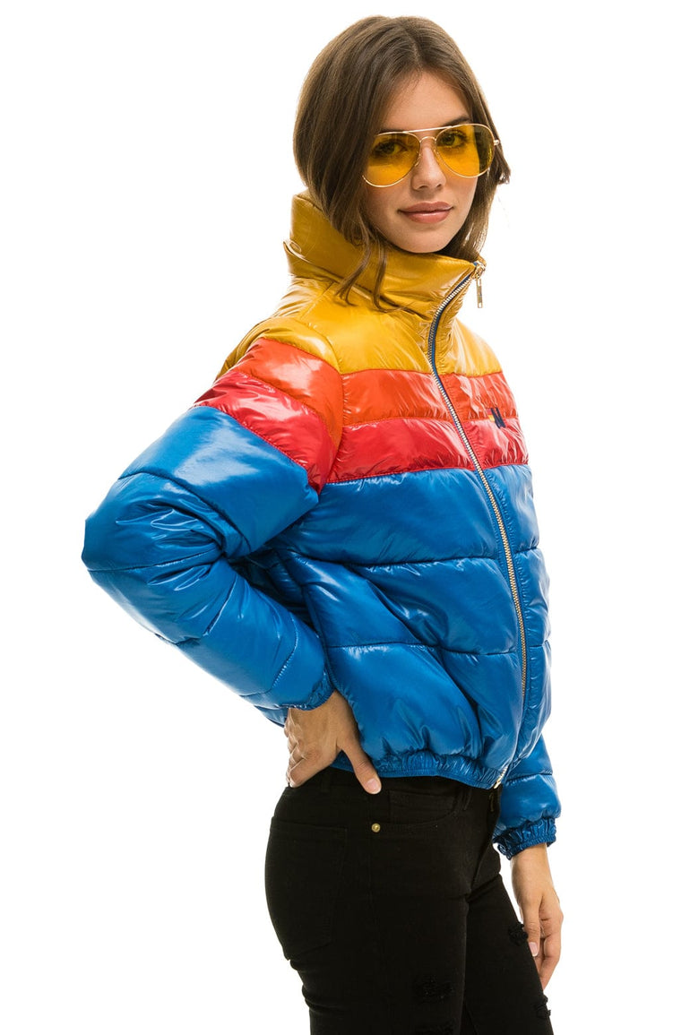 WOMEN'S COLOR BLOCK LUXE APRES PUFFER JACKET - GLOSSY SNORKEL BLUE Jacket Aviator Nation