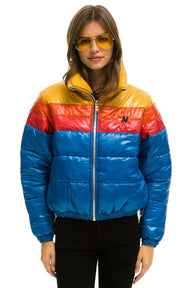 WOMEN'S COLOR BLOCK LUXE APRES PUFFER JACKET - GLOSSY SNORKEL BLUE Jacket Aviator Nation 