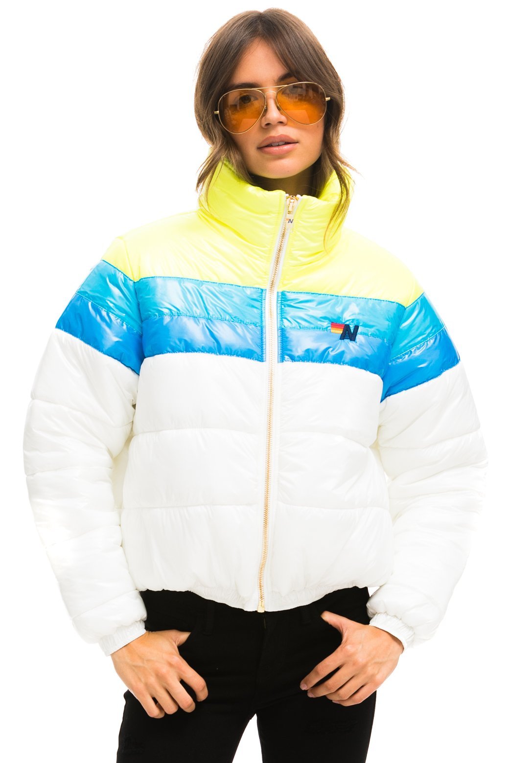 WOMEN&#39;S COLOR BLOCK LUXE APRES PUFFER JACKET - GLOSSY WHITE Jacket Aviator Nation 