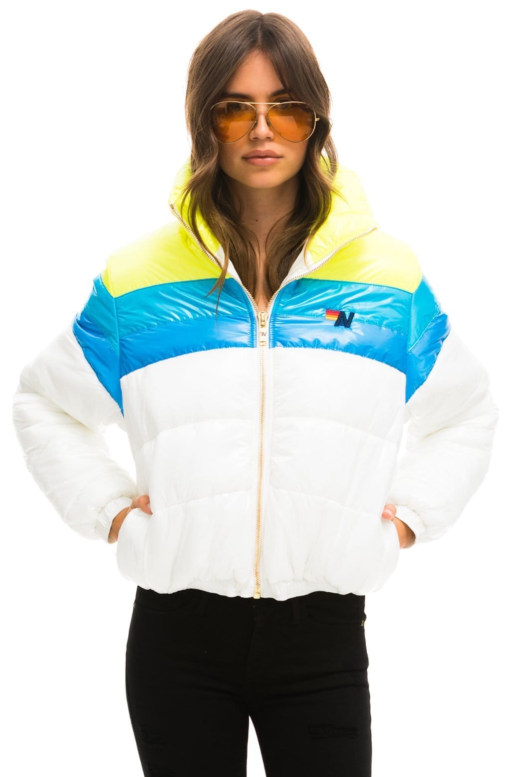 WOMEN'S COLOR BLOCK LUXE APRES PUFFER JACKET - GLOSSY WHITE Jacket Aviator Nation 