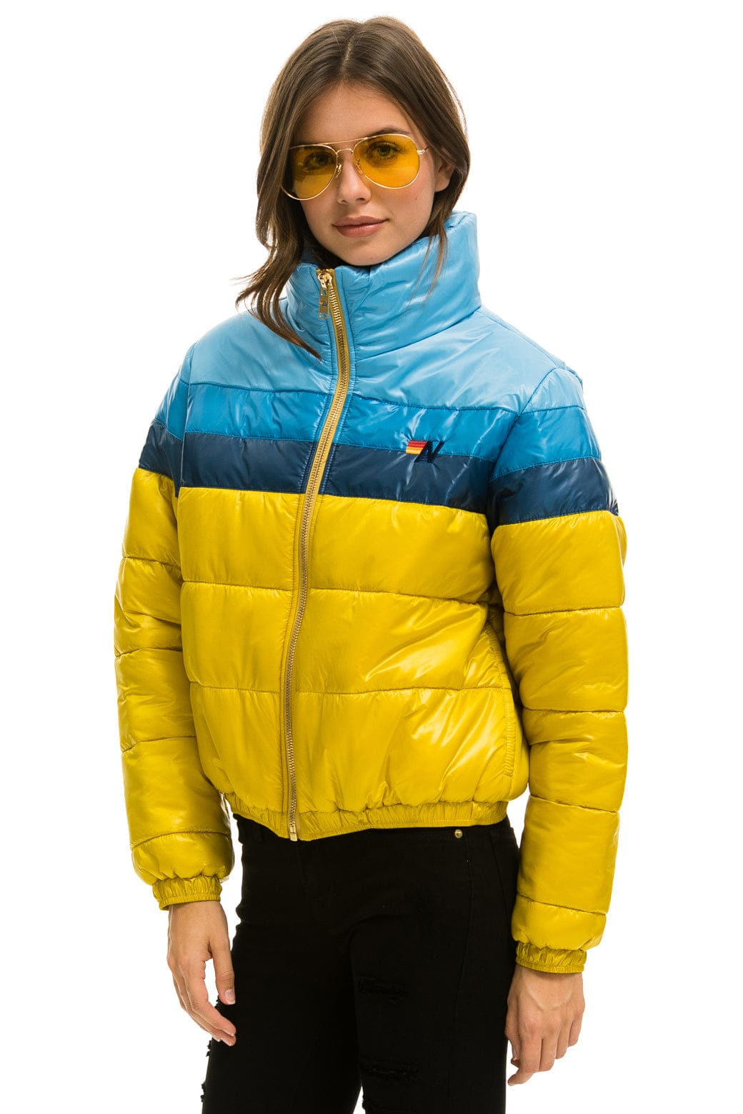 WOMEN'S COLOR BLOCK LUXE APRES PUFFER JACKET - HONEY GLOSSY Jacket Aviator Nation 