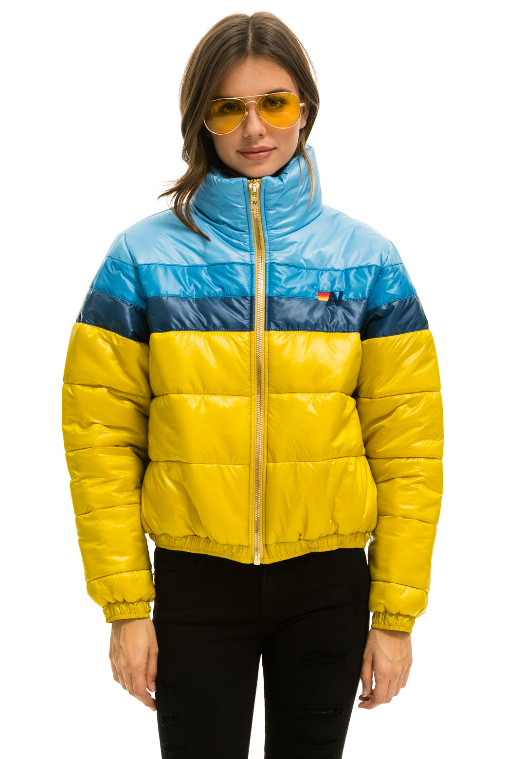 WOMEN&#39;S COLOR BLOCK LUXE APRES PUFFER JACKET - HONEY GLOSSY Jacket Aviator Nation 