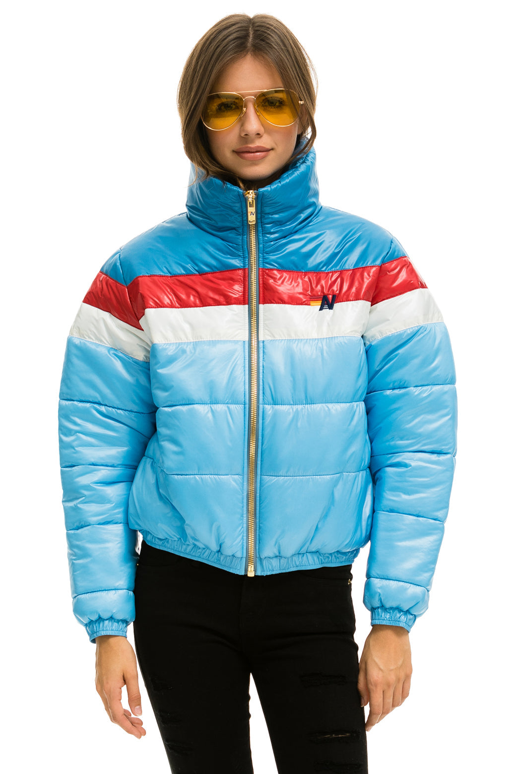 WOMEN'S COLOR BLOCK LUXE APRES PUFFER JACKET - SKY GLOSSY Jacket Aviator Nation 