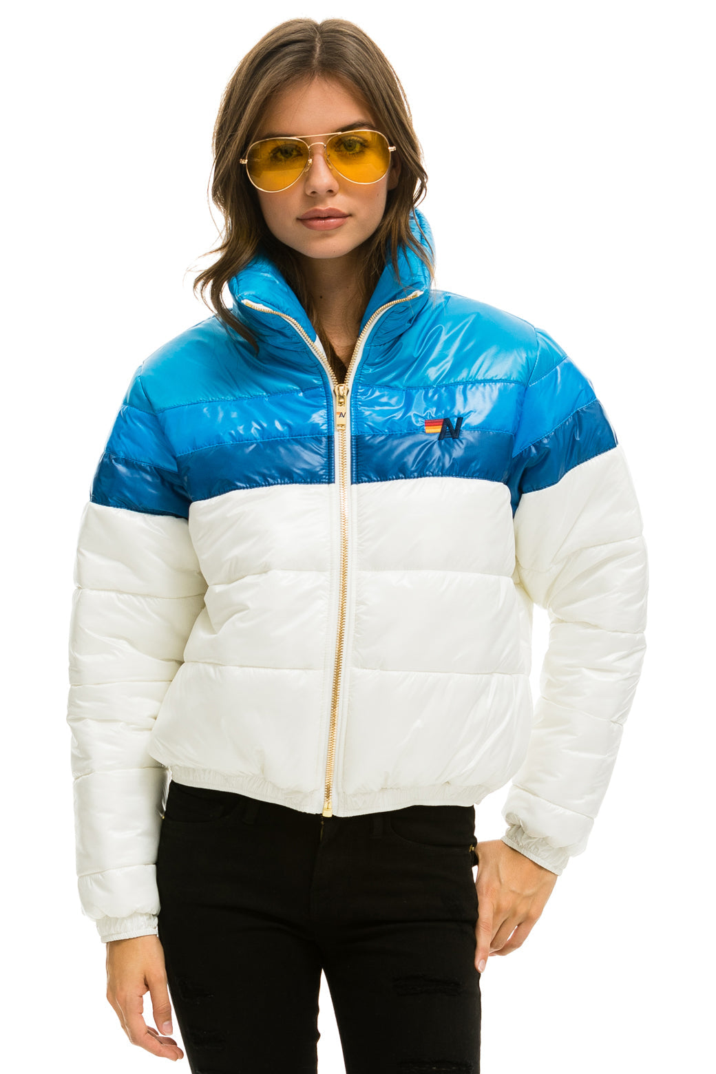 WOMEN&#39;S COLOR BLOCK LUXE APRES PUFFER JACKET - WHITE DRESDEN GLOSSY Jacket Aviator Nation 