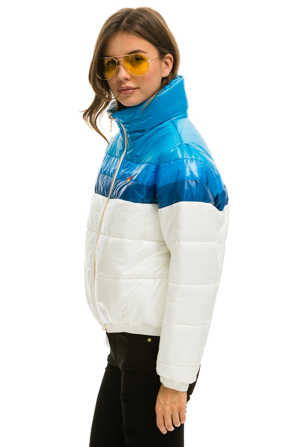 WOMEN'S COLOR BLOCK LUXE APRES PUFFER JACKET - WHITE DRESDEN GLOSSY Jacket Aviator Nation 