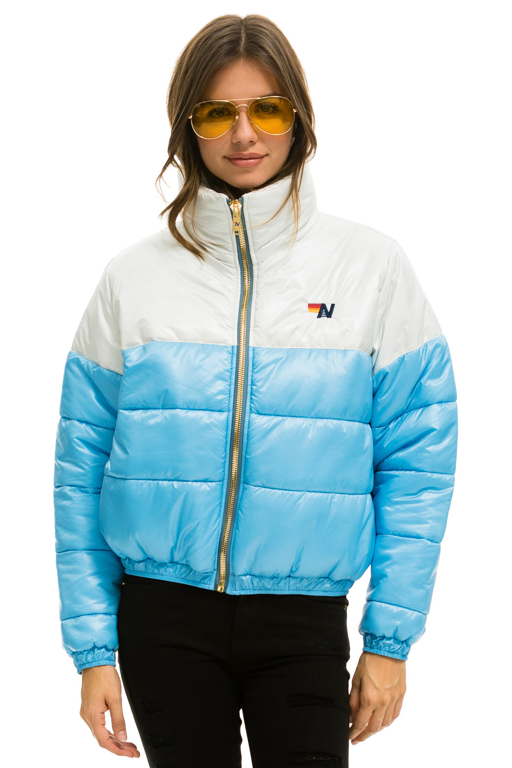 WOMEN&#39;S COLOR BLOCK LUXE APRES PUFFER JACKET - WHITE GLOSSY Jacket Aviator Nation 