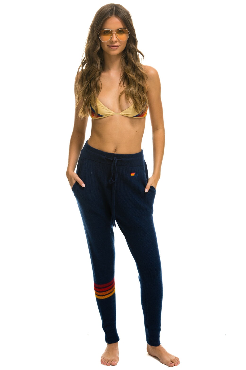 WOMEN'S RAINBOW 4 STRIPE CASHMERE RELAXED FIT PANT - MIDNIGHT Women's Sweatpants Aviator Nation 