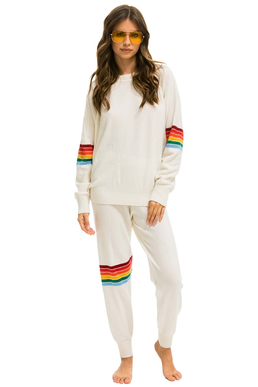 WOMEN'S RAINBOW STRIPE CASHMERE LIGHT SWEATER PANT - VINTAGE WHITE Womens Sweatpants Aviator Nation 