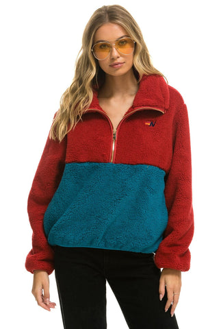 WOMEN'S TEDDY APRES HALF ZIP COLOR BLOCK JACKET - CHERRY Women's Outerwear Aviator Nation 